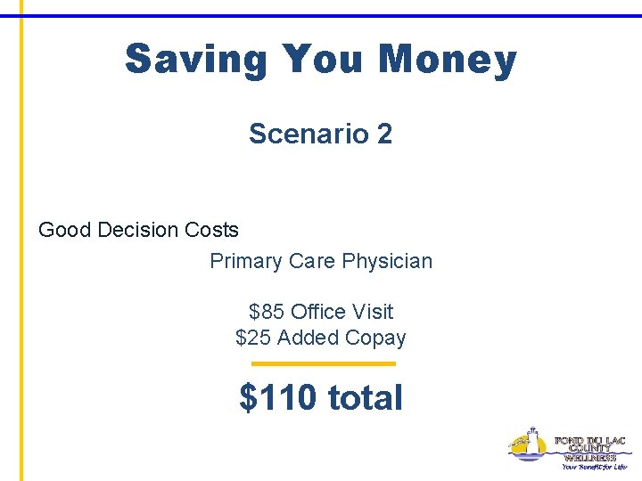 Saving You Money Scenario 2 Good Decision Costs Primary Care Physician $85 Office Visit