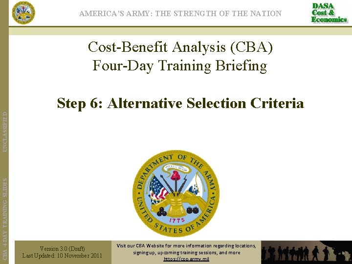 AMERICA’S ARMY: THE STRENGTH OF THE NATION Cost-Benefit Analysis (CBA) Four-Day Training Briefing CBA