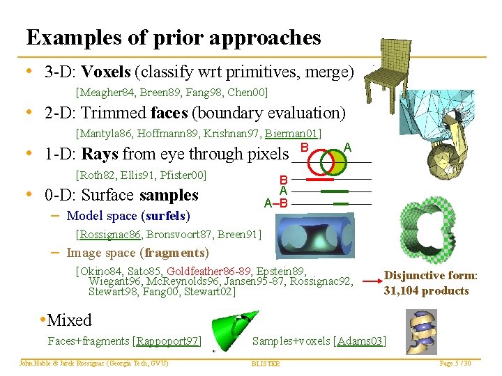 Examples of prior approaches • 3 -D: Voxels (classify wrt primitives, merge) [Meagher 84,