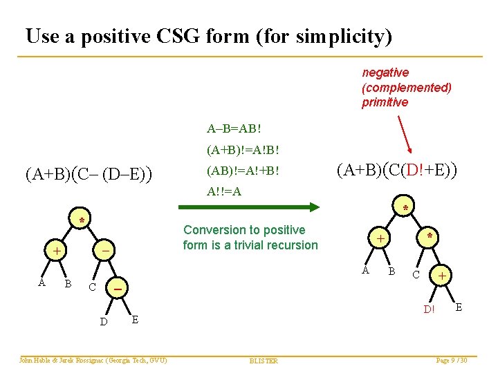 Use a positive CSG form (for simplicity) negative (complemented) primitive A–B=AB! (A+B)!=A!B! (A+B)(C– (D–E))