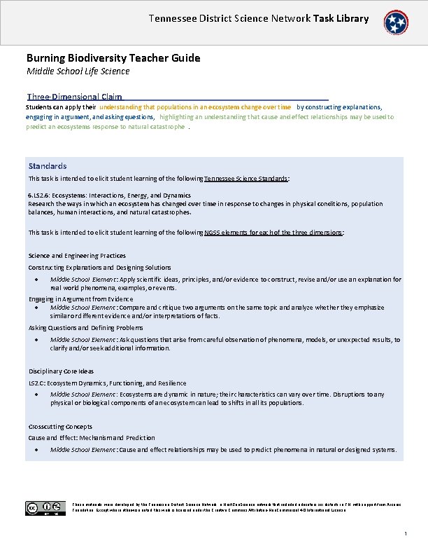 Tennessee District Science Network Task Library Burning Biodiversity Teacher Guide Middle School Life Science