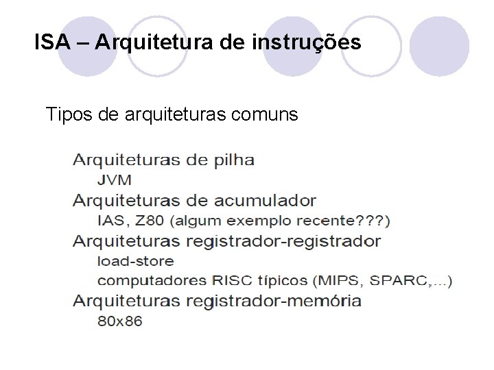 ISA – Arquitetura de instruções Tipos de arquiteturas comuns 
