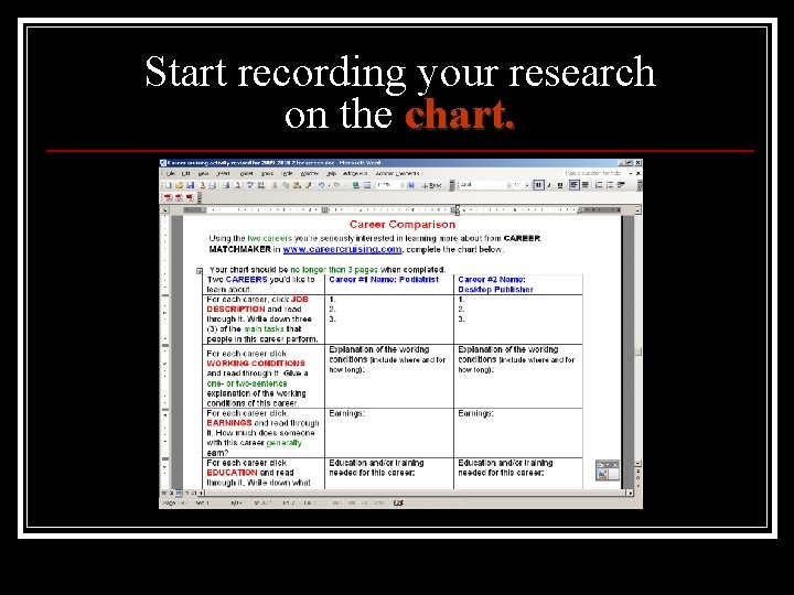 Start recording your research on the chart. 