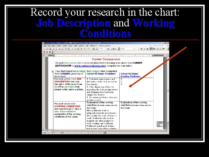 Record your research in the chart: Job Description and Working Conditions 