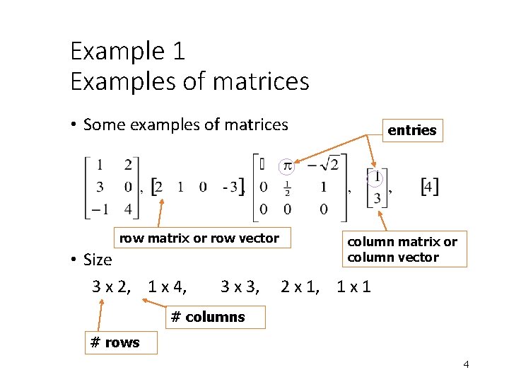 Example 1 Examples of matrices • Some examples of matrices row matrix or row Example 1 Examples of matrices • Some examples of matrices row matrix or row