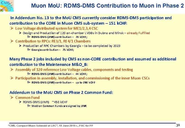 Muon Mo. U: RDMS-DMS Contribution to Muon in Phase 2 In Addendum No. 13