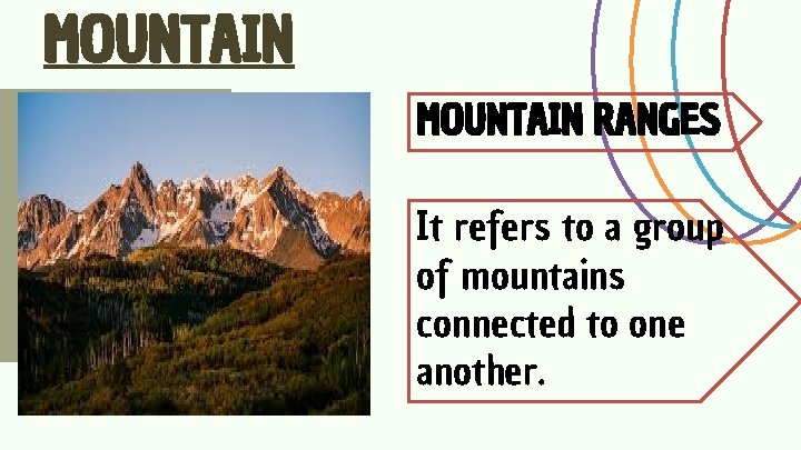 MOUNTAIN RANGES It refers to a group of mountains connected to one another. 