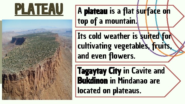 PLATEAU A plateau is a flat surface on top of a mountain. Its cold
