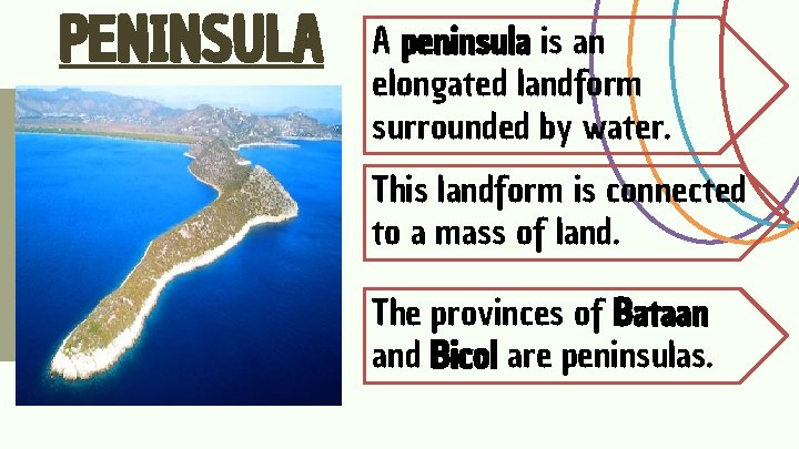 PENINSULA A peninsula is an elongated landform surrounded by water. This landform is connected