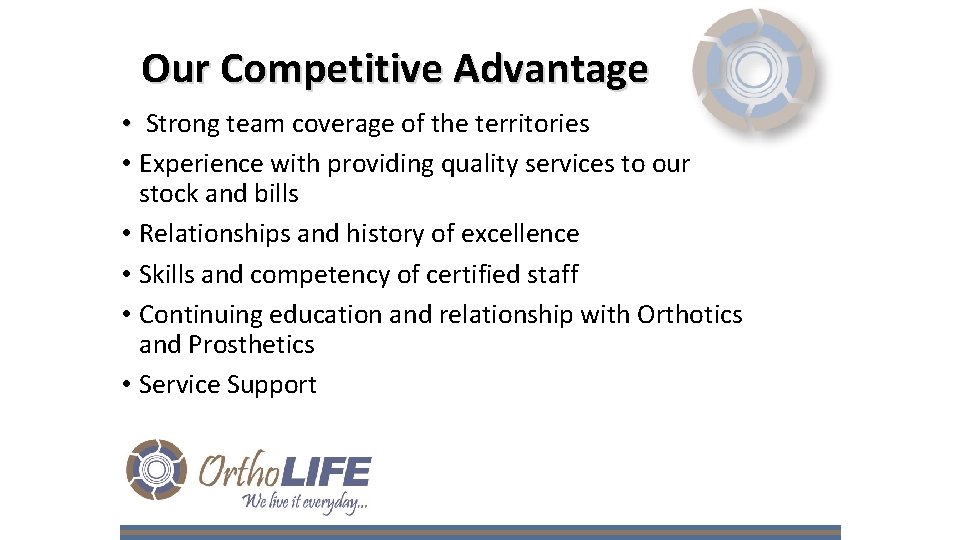 Our Competitive Advantage • Strong team coverage of the territories • Experience with providing