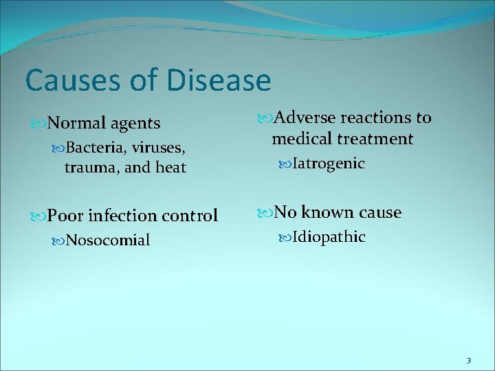 Causes of Disease Normal agents Bacteria, viruses, trauma, and heat Adverse reactions to medical