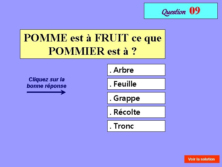 Question 09 POMME est à FRUIT ce que POMMIER est à ? . Arbre