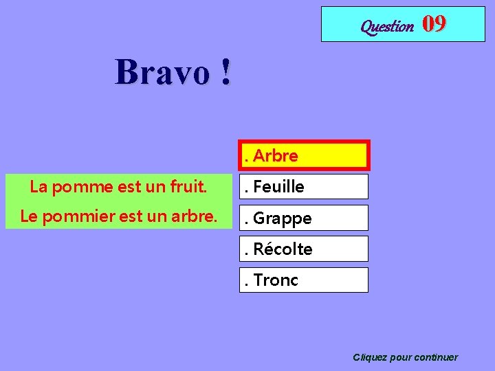 Question 09 Bravo !. Arbre La pomme est un fruit. . Feuille Le pommier