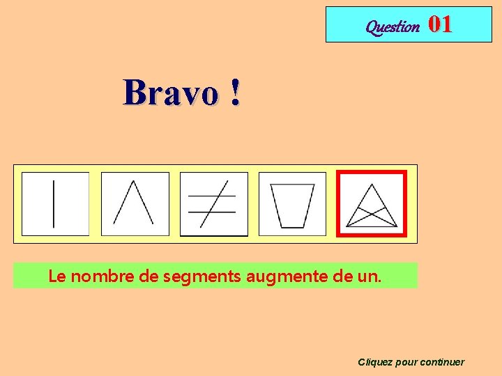 Question 01 Bravo ! Le nombre de segments augmente de un. Cliquez pour continuer