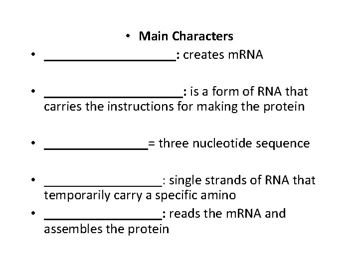  • Main Characters • __________: creates m. RNA • __________: is a form