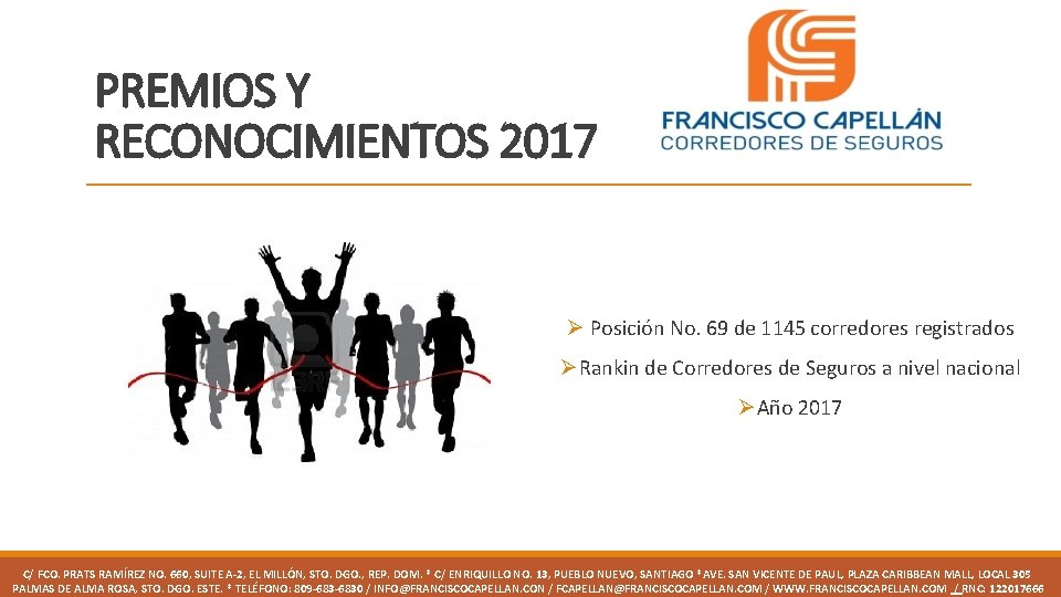 PREMIOS Y RECONOCIMIENTOS 2017 Ø Posición No. 69 de 1145 corredores registrados ØRankin de