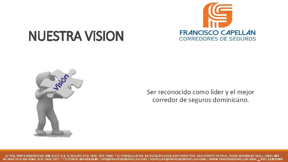 NUESTRA VISION Ser reconocido como líder y el mejor corredor de seguros dominicano. C/