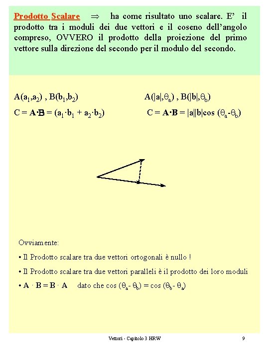 Prodotto Scalare ha come risultato uno scalare. E’ il prodotto tra i moduli dei