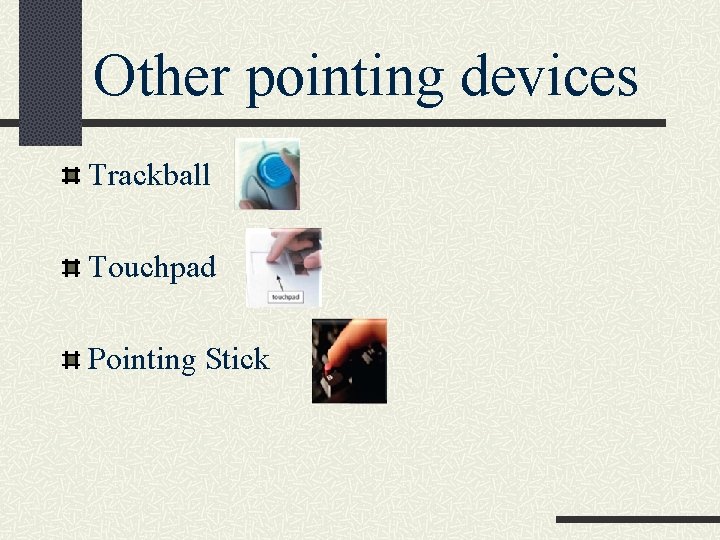 Other pointing devices Trackball Touchpad Pointing Stick 