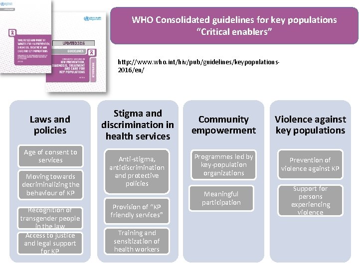 WHO Consolidated guidelines for key populations “Critical enablers” http: //www. who. int/hiv/pub/guidelines/keypopulations 2016/en/ Laws