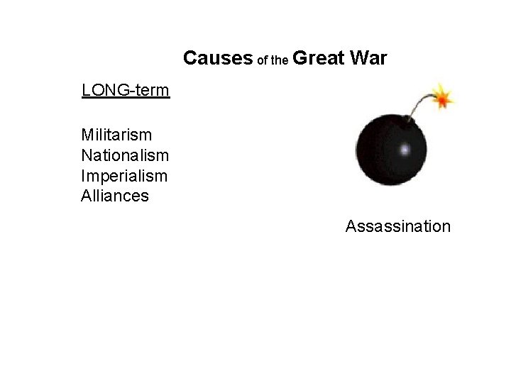 Causes of the Great War LONG-term Militarism Nationalism Imperialism Alliances Assassination 