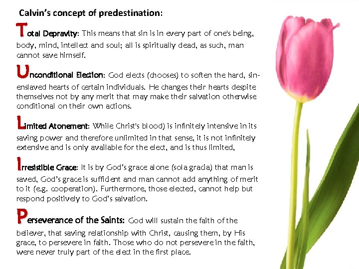 Calvin’s concept of predestination: Total Depravity: This means that sin is in every part