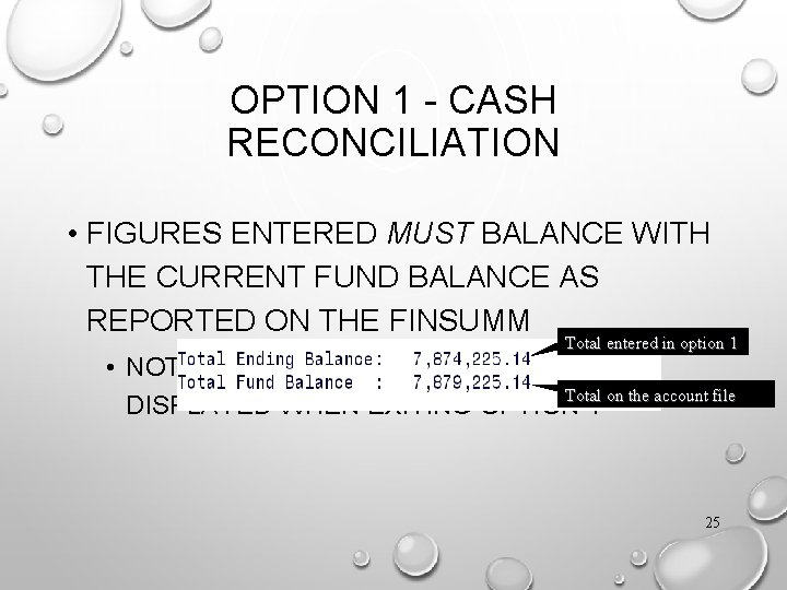 OPTION 1 - CASH RECONCILIATION • FIGURES ENTERED MUST BALANCE WITH THE CURRENT FUND