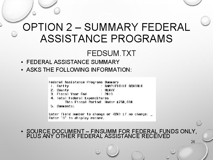 OPTION 2 – SUMMARY FEDERAL ASSISTANCE PROGRAMS FEDSUM. TXT • FEDERAL ASSISTANCE SUMMARY •