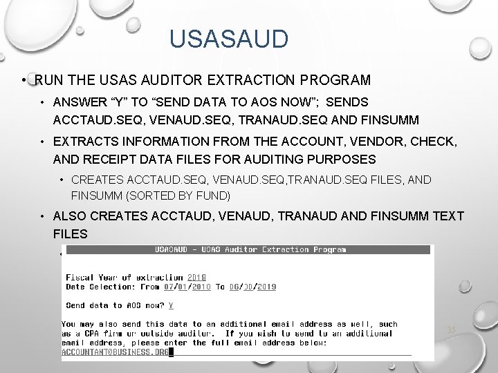 USASAUD • RUN THE USAS AUDITOR EXTRACTION PROGRAM • ANSWER “Y” TO “SEND DATA