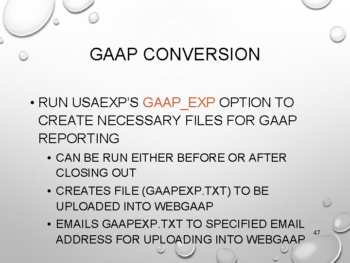 GAAP CONVERSION • RUN USAEXP’S GAAP_EXP OPTION TO CREATE NECESSARY FILES FOR GAAP REPORTING