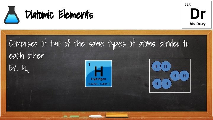 Diatomic Elements Composed of two of the same types of atoms bonded to each