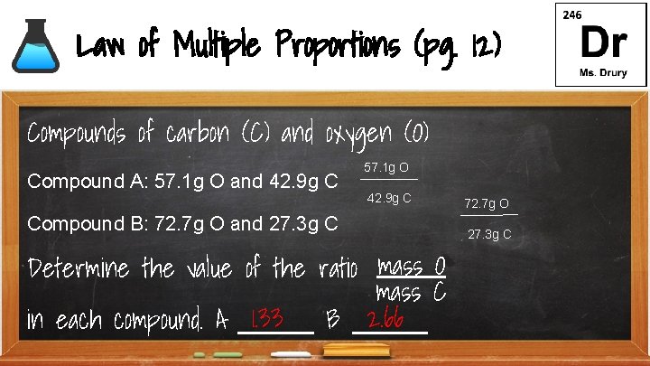Law of Multiple Proportions (pg. 12) Compounds of carbon (C) and oxygen (O) Compound