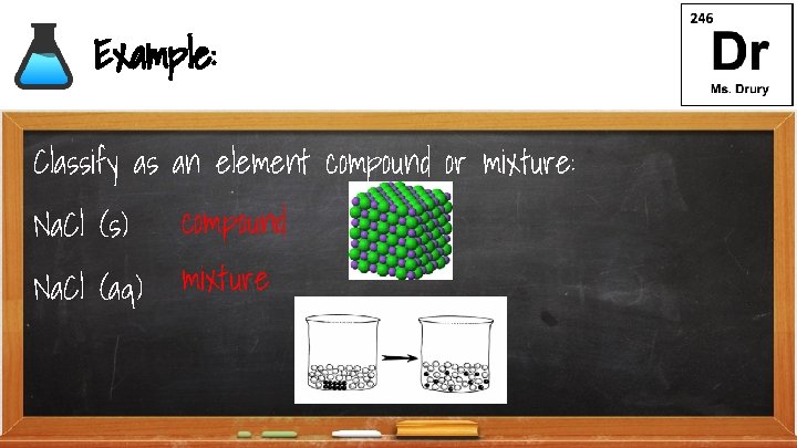 Example: Classify as an element compound or mixture: Na. Cl (s) compound Na. Cl