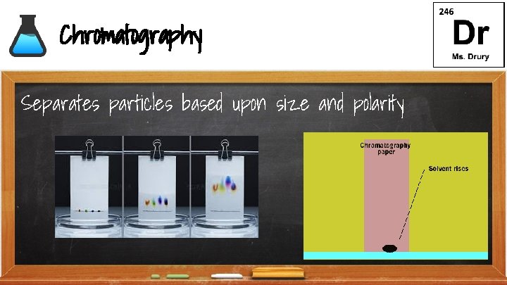 Chromatography Separates particles based upon size and polarity 