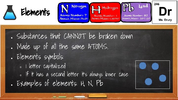 Elements ● ● ● Substances that CANNOT be broken down Made up of all