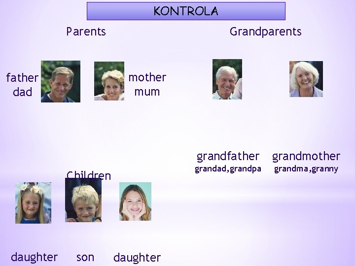 KONTROLA Grandparents Parents mother mum father dad Children daughter son daughter grandfather grandmother grandad,