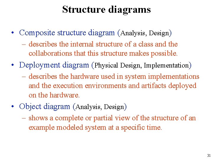 Structure diagrams • Composite structure diagram (Analysis, Design) – describes the internal structure of