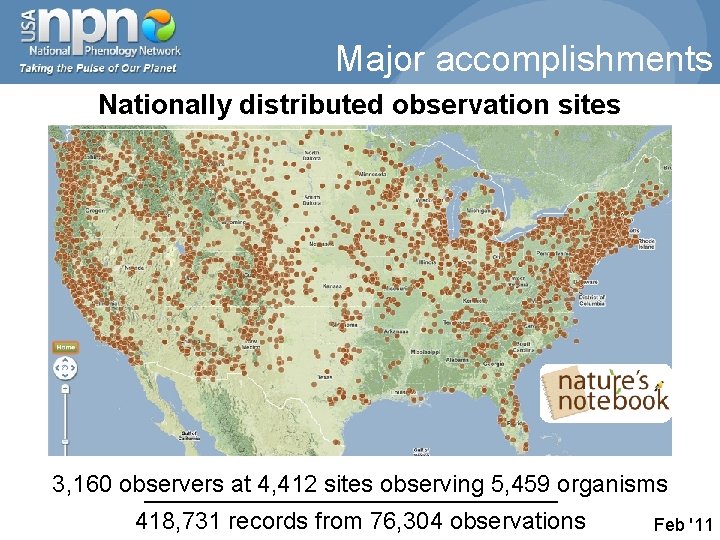 Major accomplishments Nationally distributed observation sites 3, 160 observers at 4, 412 sites observing