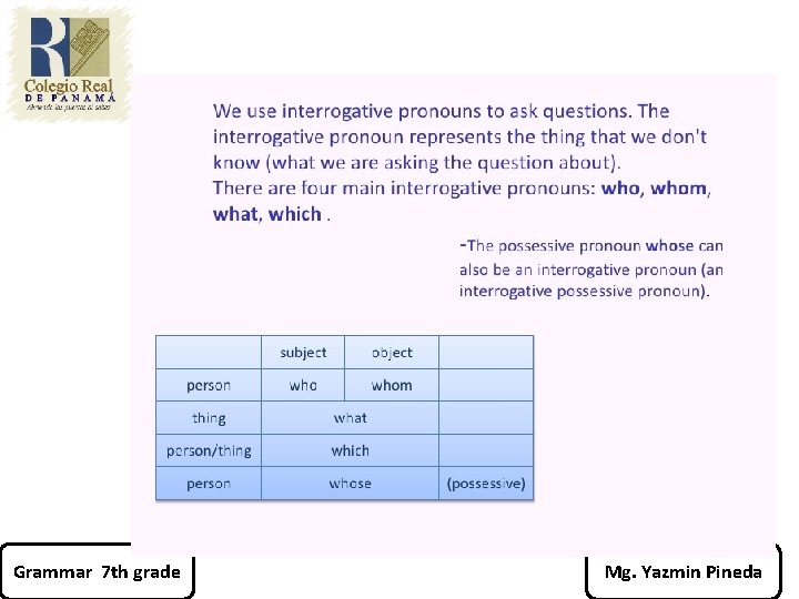 Grammar 7 th grade Mg. Yazmin Pineda 