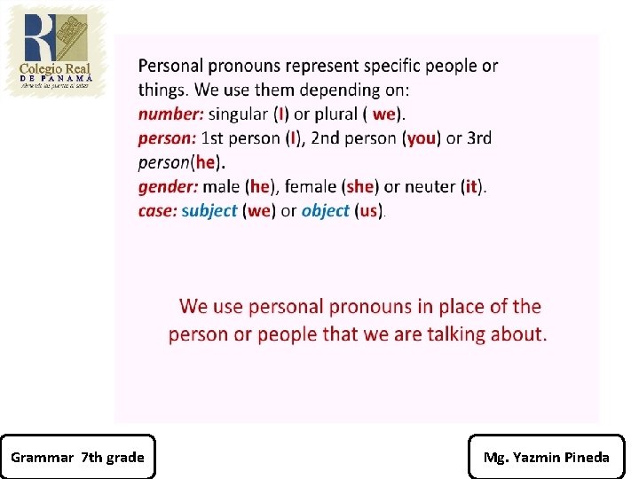 Grammar 7 th grade Mg. Yazmin Pineda 