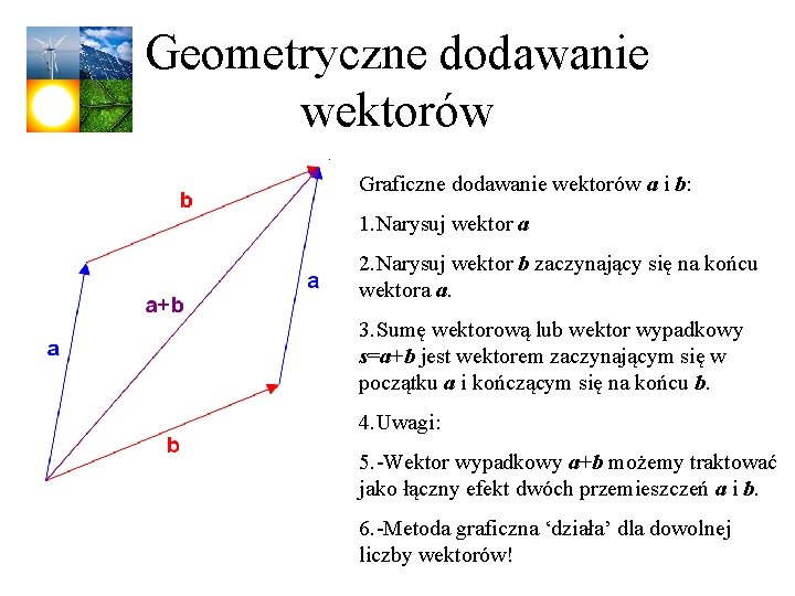 Geometryczne dodawanie wektorów Graficzne dodawanie wektorów a i b: 1. Narysuj wektor a 2.