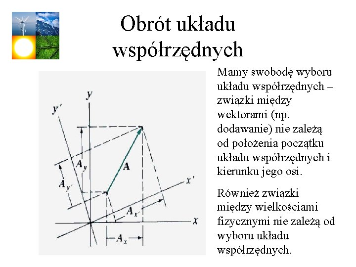 Obrót układu współrzędnych Mamy swobodę wyboru układu współrzędnych – związki między wektorami (np. dodawanie)