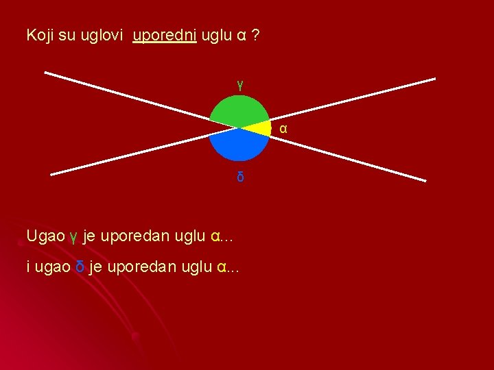 Koji su uglovi uporedni uglu α ? γ α δ Ugao γ je uporedan