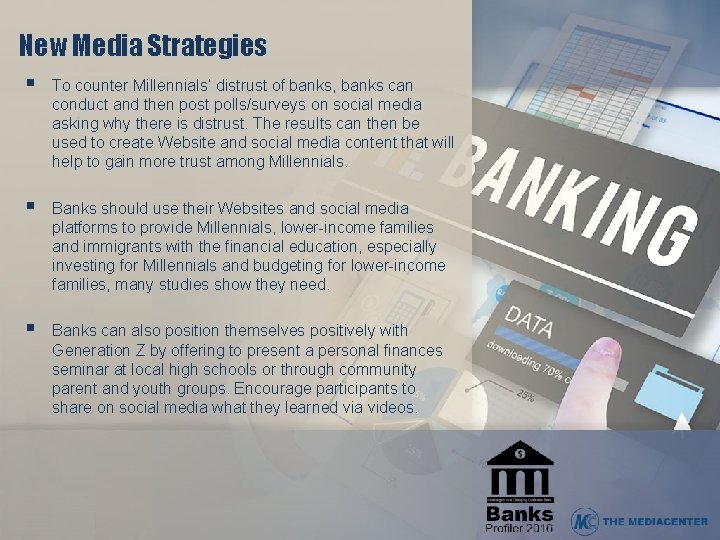 New Media Strategies § To counter Millennials’ distrust of banks, banks can conduct and