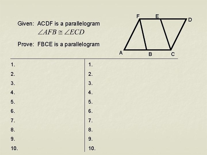 F E D Given: ACDF is a parallelogram Prove: FBCE is a parallelogram A