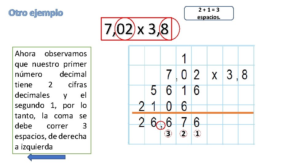 Otro ejemplo 7, 02 x 3, 8 Ahora Multiplicamos Finalmente observamos luego el que