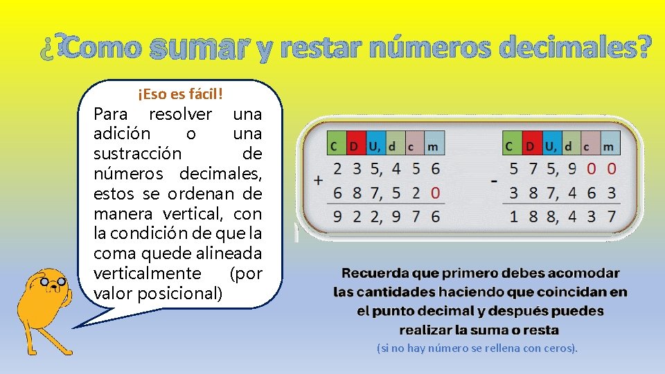 ¿ Como sumar y restar números decimales? ¡Eso es fácil! Para resolver una adición