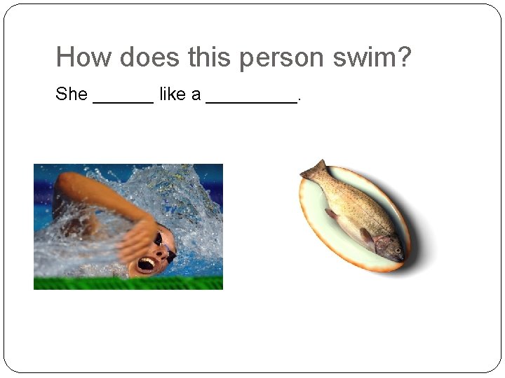 How does this person swim? She ______ like a _____. 