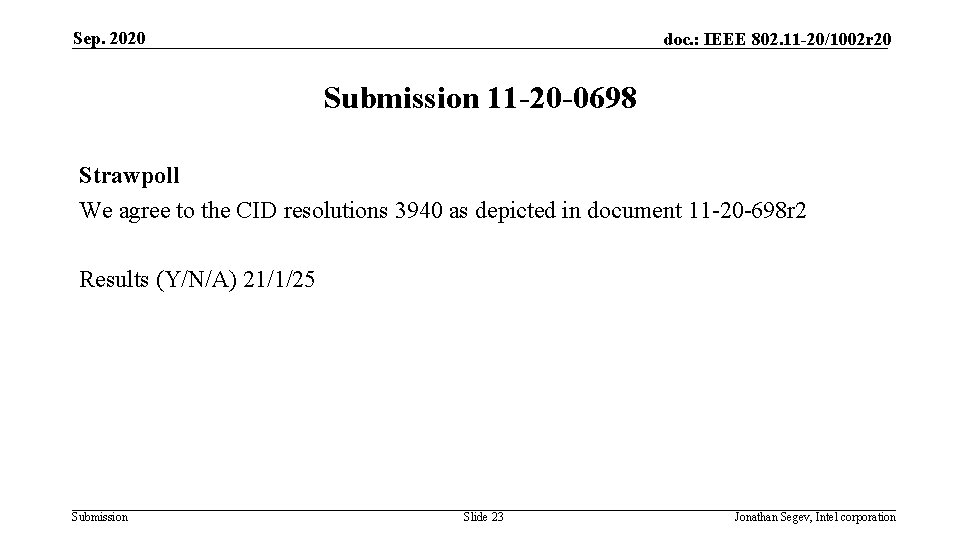 Sep. 2020 doc. : IEEE 802. 11 -20/1002 r 20 Submission 11 -20 -0698