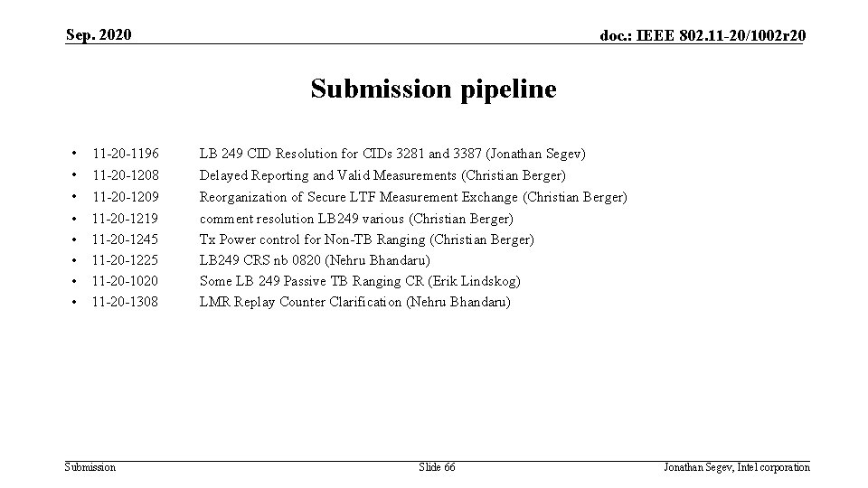 Sep. 2020 doc. : IEEE 802. 11 -20/1002 r 20 Submission pipeline • •